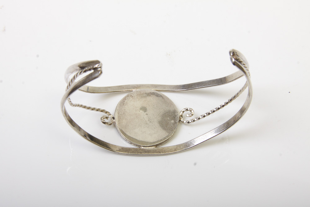 Variety of Silver Tone Mexican Cuff Bracelets with Stones and Inlay