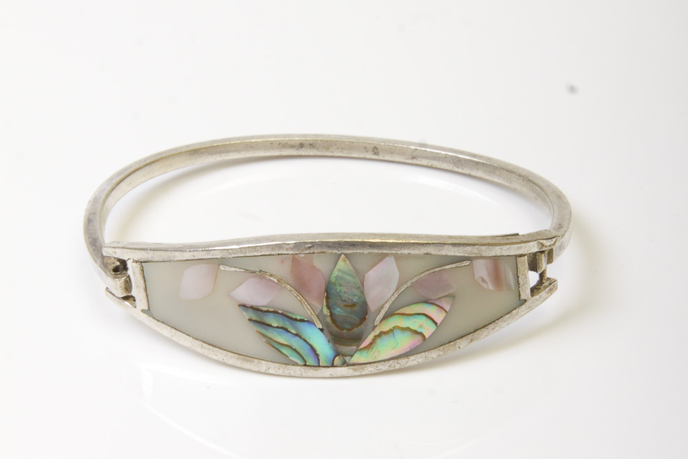 Variety of Silver Tone Mexican Cuff Bracelets with Stones and Inlay