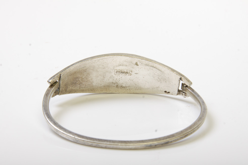 Variety of Silver Tone Mexican Cuff Bracelets with Stones and Inlay