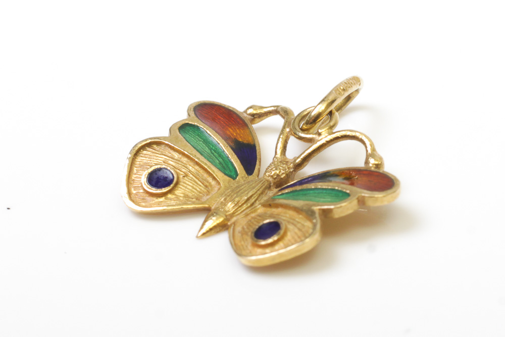 18K Yellow Gold and Enamel Butterfly Pendant