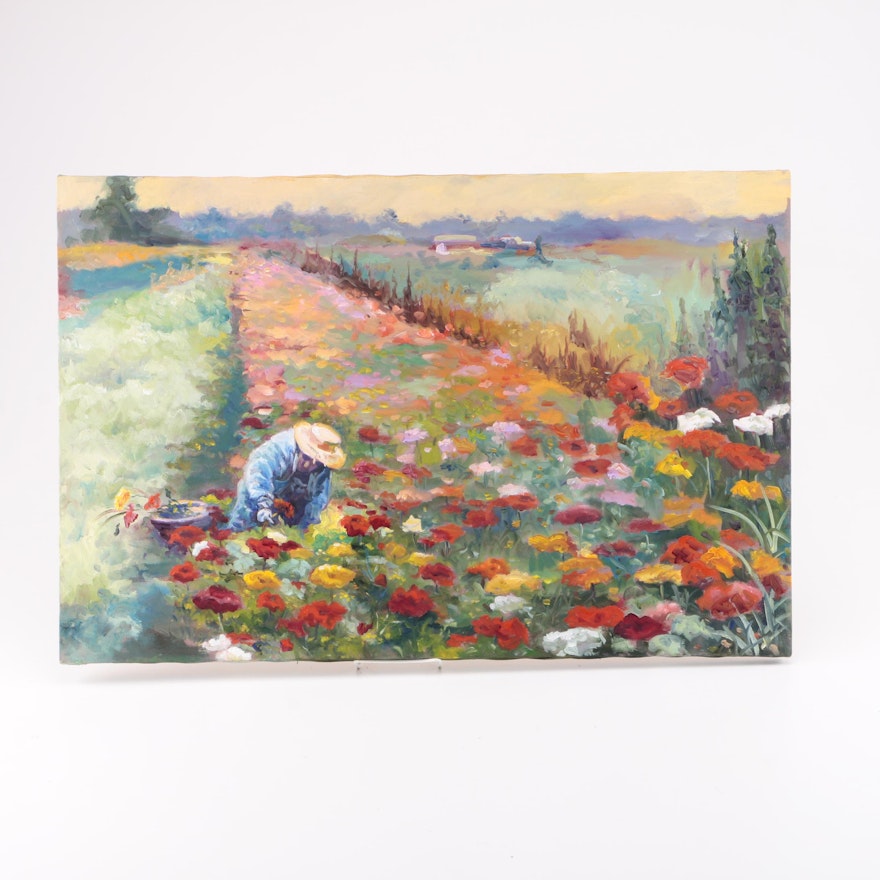 Oil Painting on Canvas  of Gardening Scene