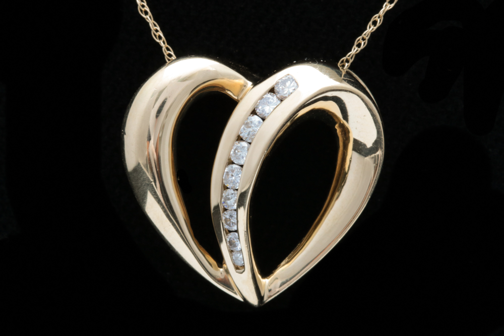 14K Yellow Gold and Diamond Heart Pendant with Chain