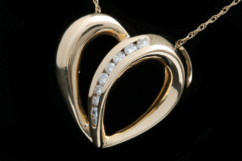 14K Yellow Gold and Diamond Heart Pendant with Chain