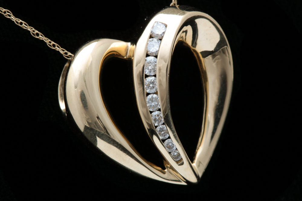 14K Yellow Gold and Diamond Heart Pendant with Chain