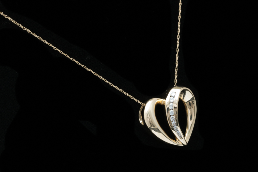 14K Yellow Gold and Diamond Heart Pendant with Chain