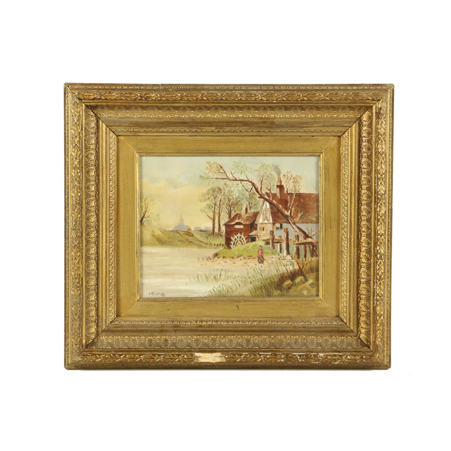 H. King Oil Painting on Canvas of Mill Scene