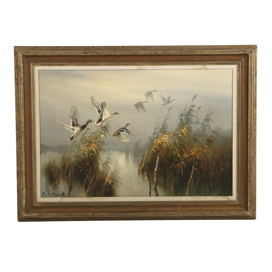 Arnold Schatz Oil Painting on Canvas "Ducks in Flight"