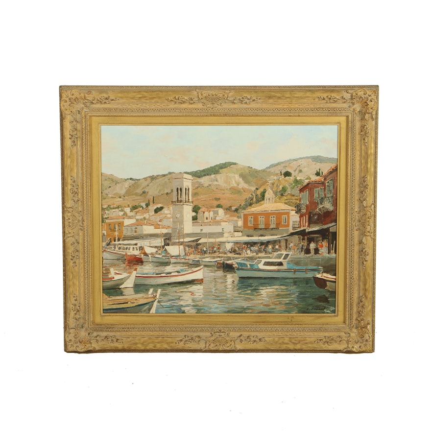 Claude Jousset Oil Painting on Canvas "Port en Grèce"