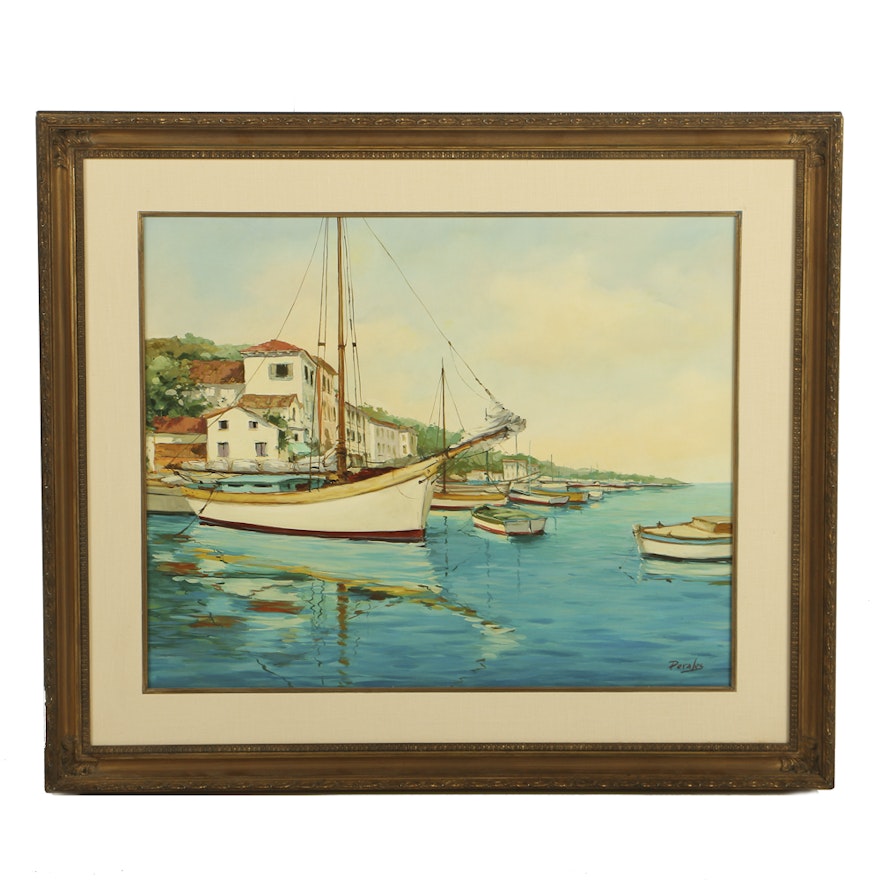 Cesar Perales Acrylic Painting on Canvas Harbor Scene