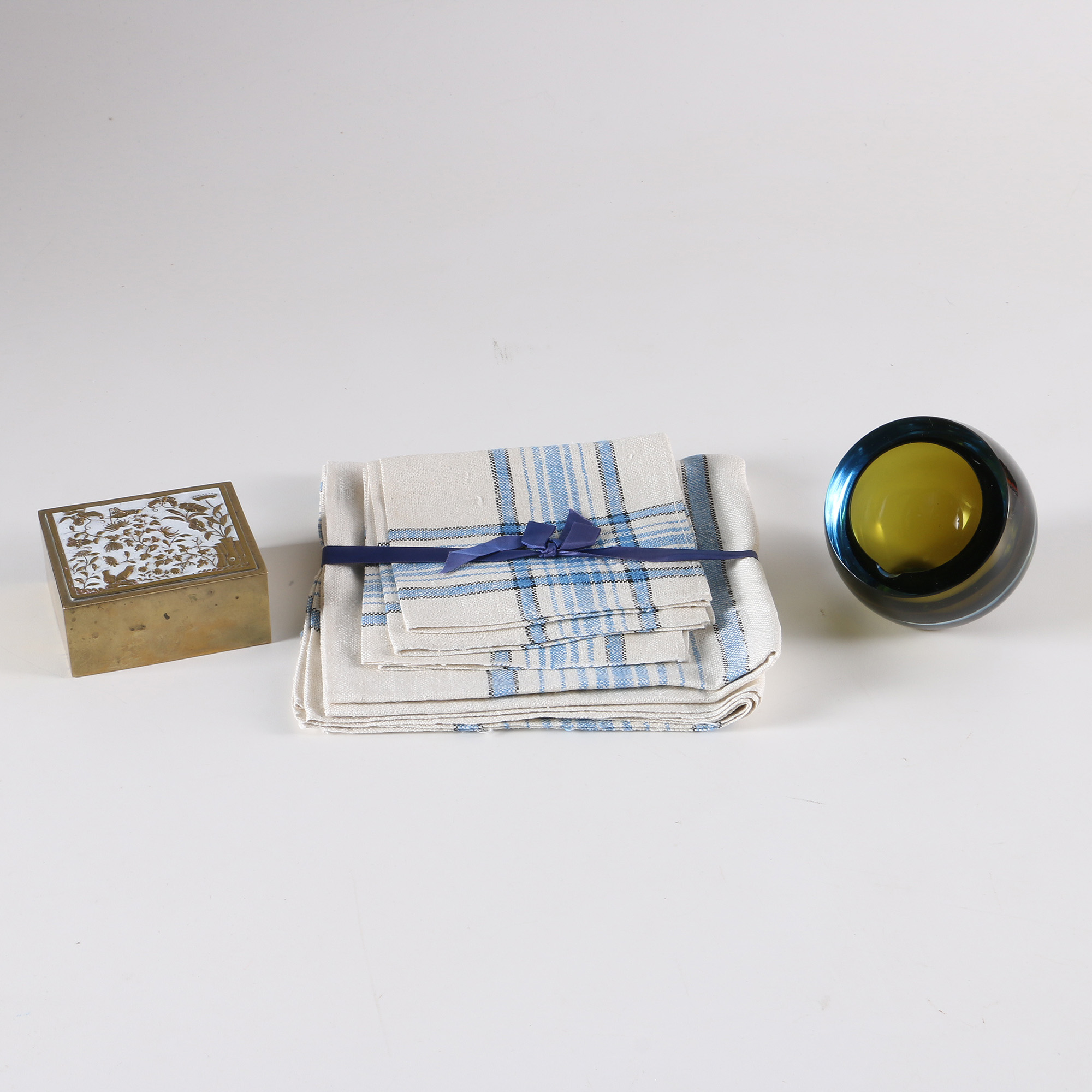 Murano Glass Ash Receiver, Linens and Decorative Box
