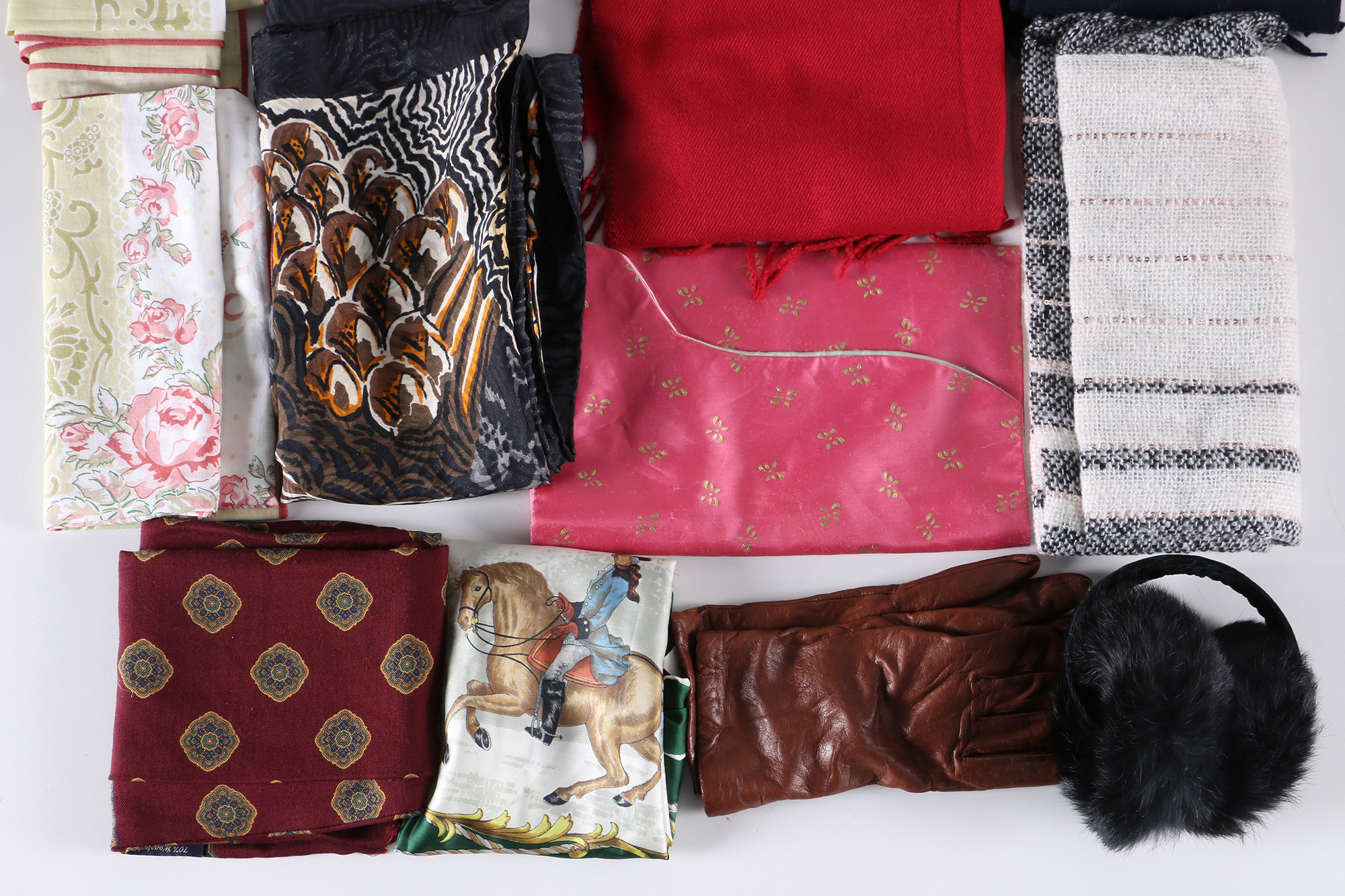 Scarves, Fur Ear Muffs, and Leather Gloves