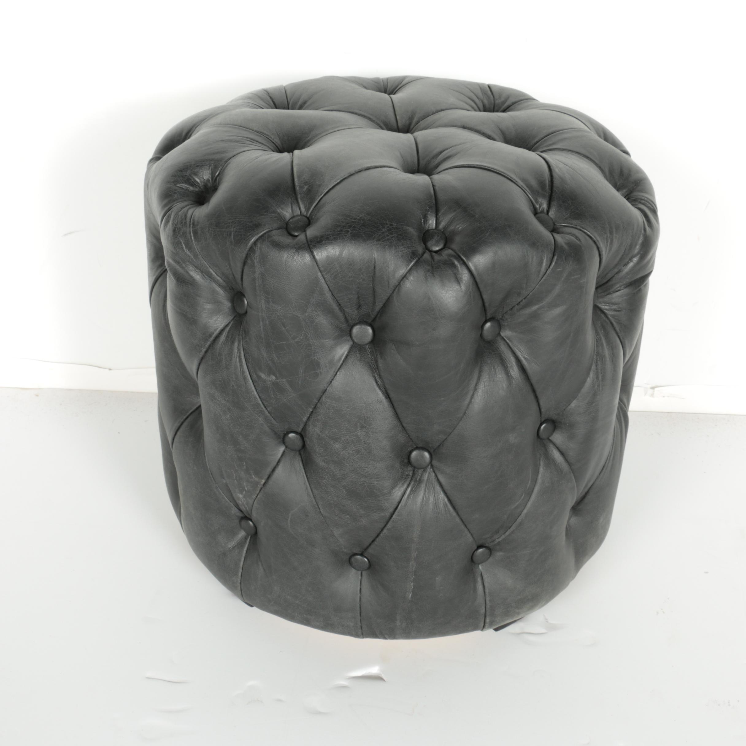 Round Black Leather Pouf