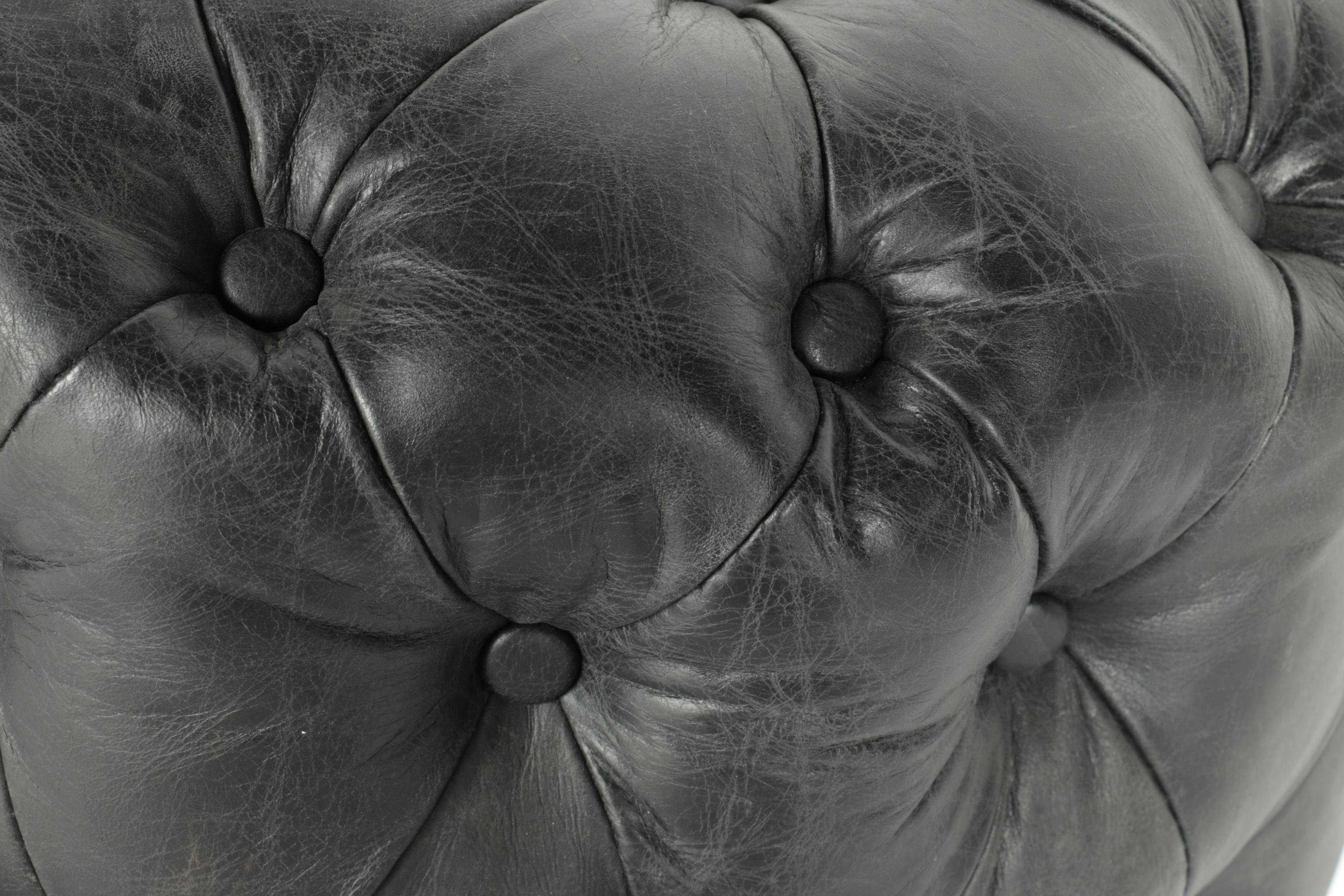 Round Black Leather Pouf