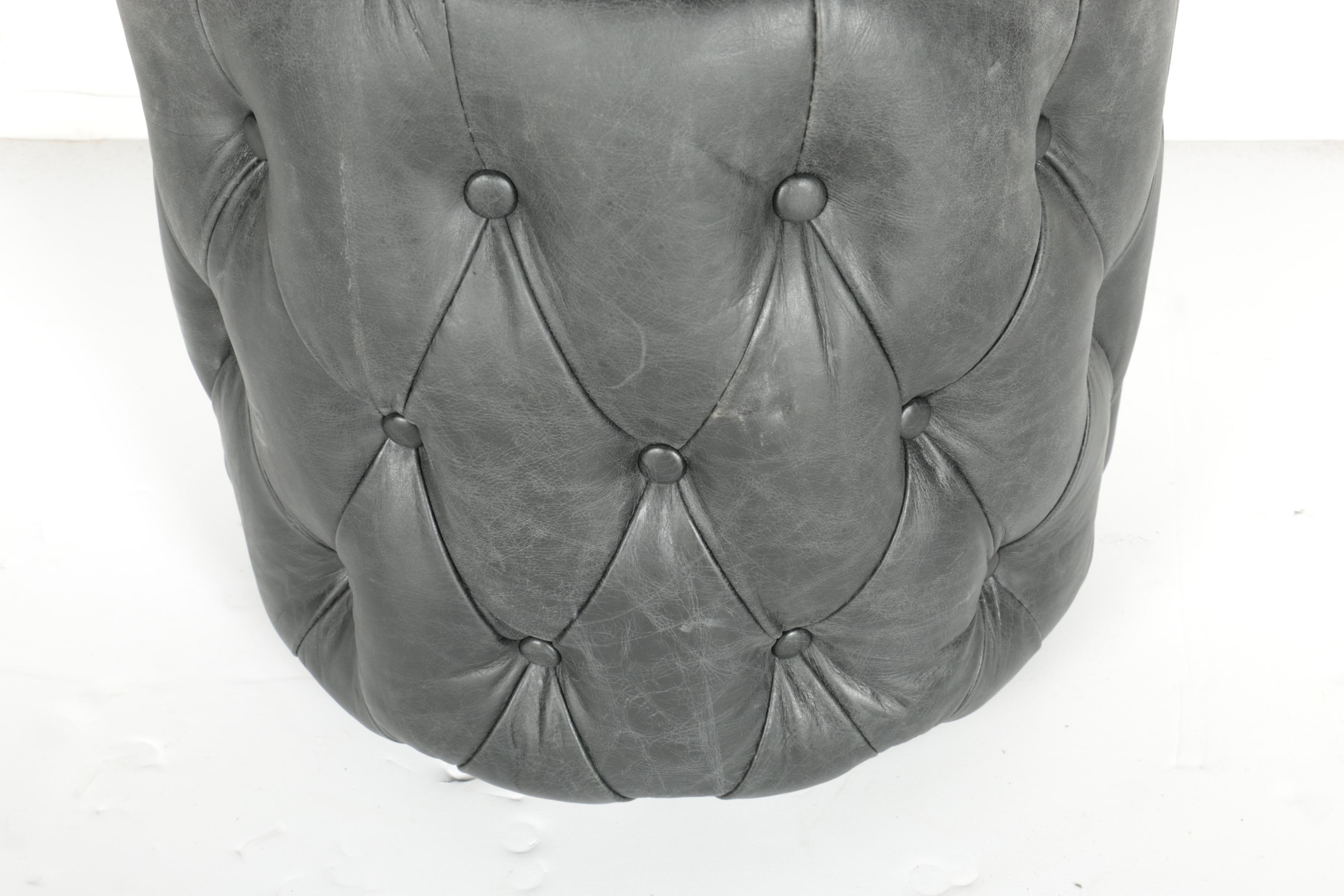 Round Black Leather Pouf