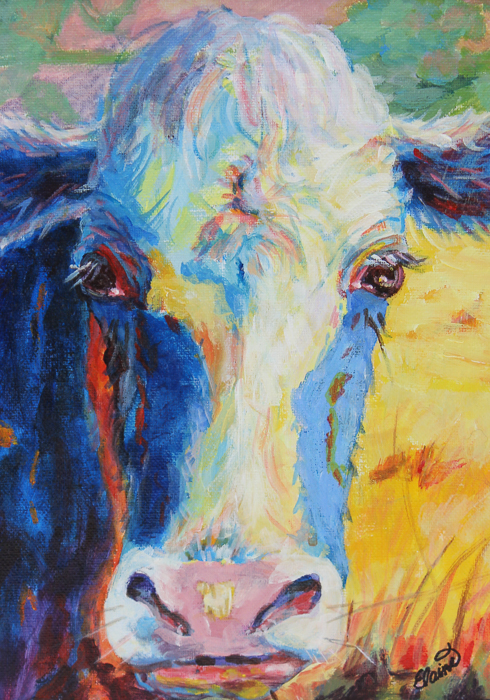 Elaine Schulstad Oil Painting "Blue Cow Pink"