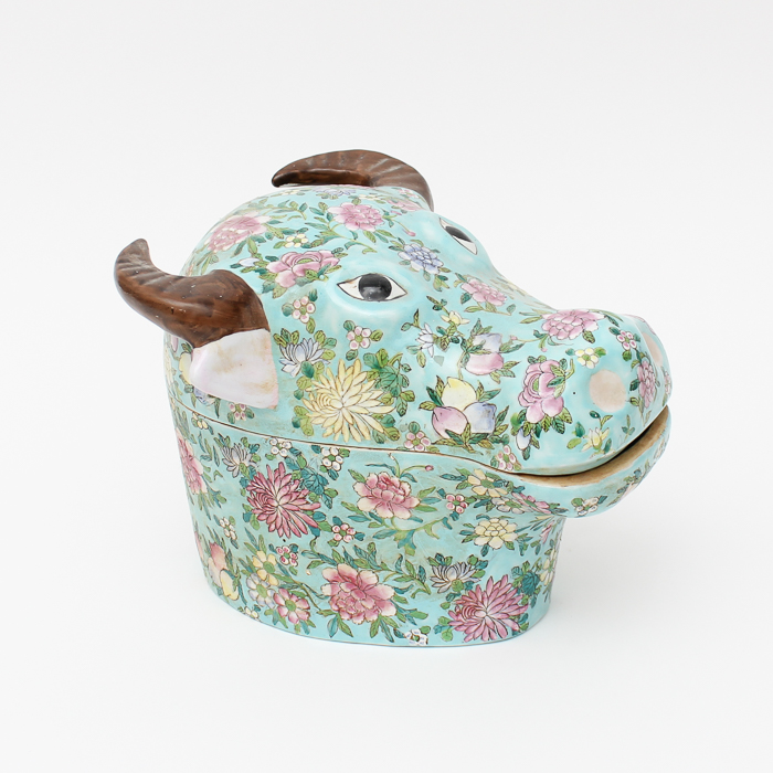 Vintage Lidded Zebu Head Vessel