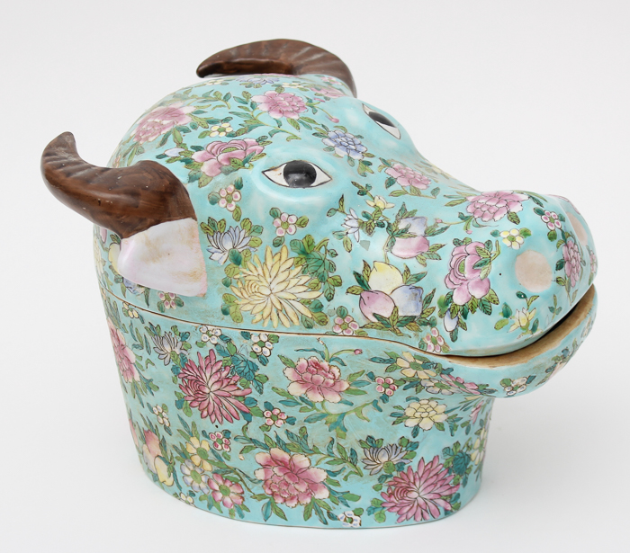 Vintage Lidded Zebu Head Vessel