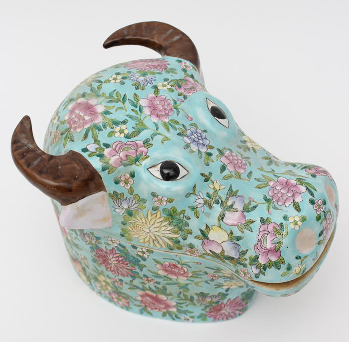 Vintage Lidded Zebu Head Vessel