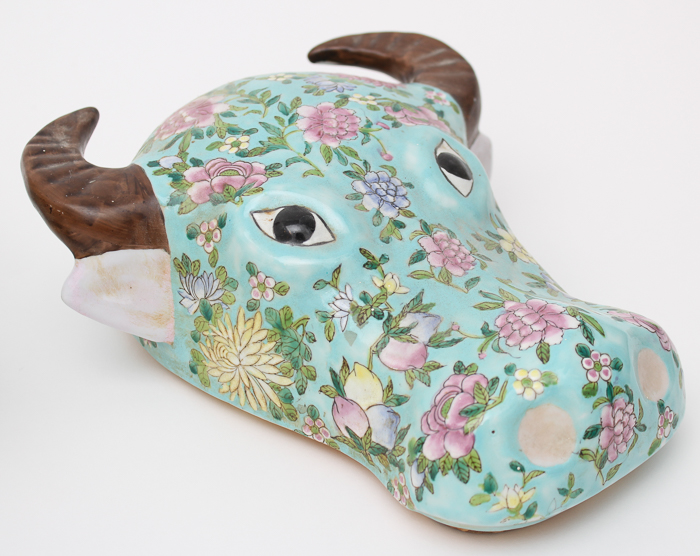 Vintage Lidded Zebu Head Vessel