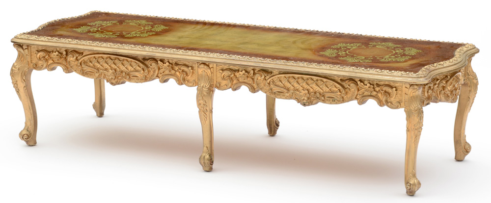 Ornate Gold Tone Reverse Painted Glass Coffee Table