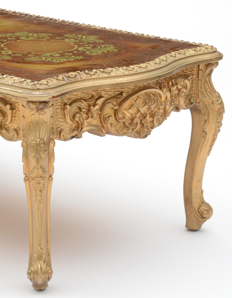 Ornate Gold Tone Reverse Painted Glass Coffee Table