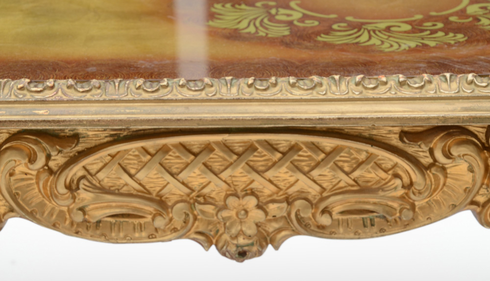 Ornate Gold Tone Reverse Painted Glass Coffee Table