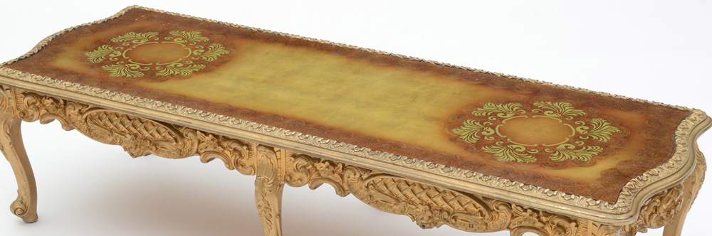 Ornate Gold Tone Reverse Painted Glass Coffee Table
