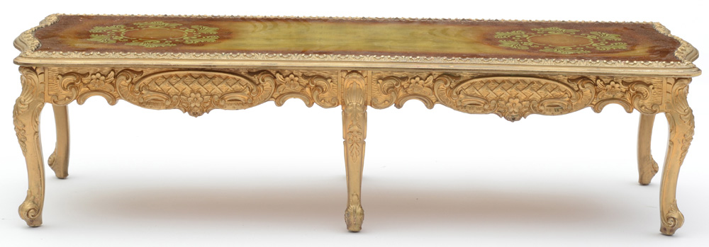 Ornate Gold Tone Reverse Painted Glass Coffee Table