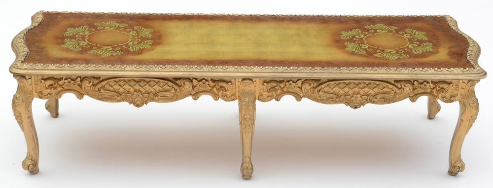Ornate Gold Tone Reverse Painted Glass Coffee Table