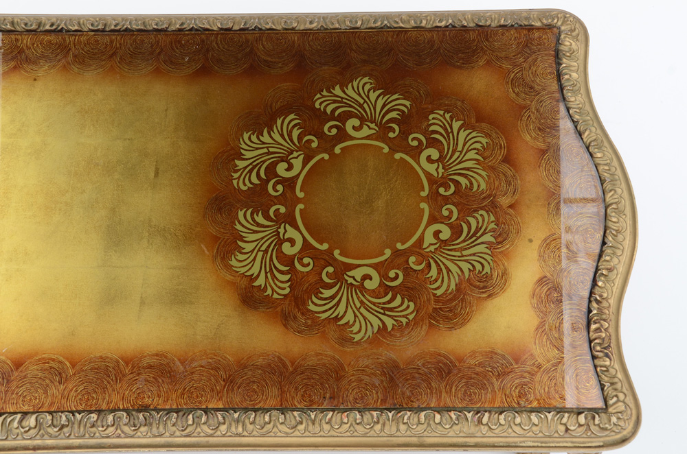 Ornate Gold Tone Reverse Painted Glass Coffee Table