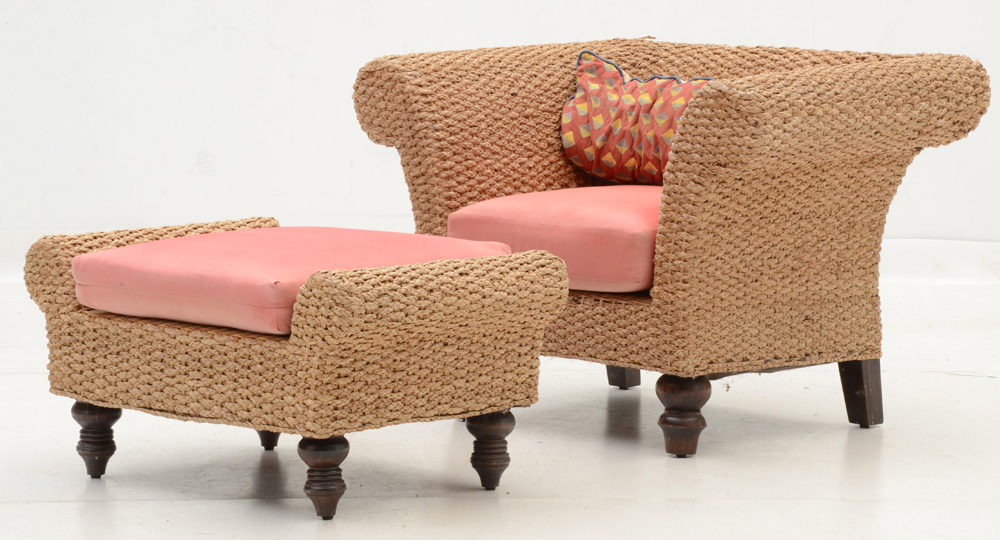 Braided Wicker Armchair with ottoman