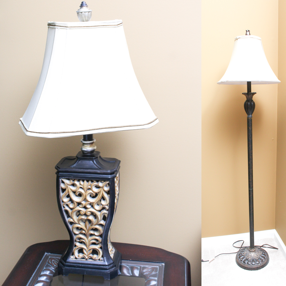 Metal Floor Lamp and Wood Table Lamp