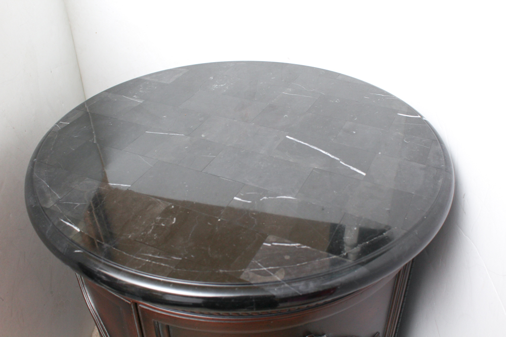 Round Black Marble Veneer Top Side Cabinet