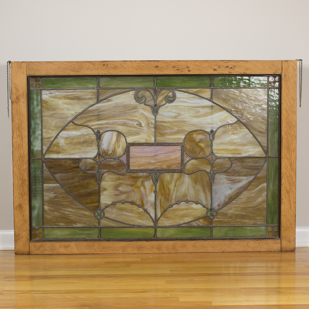 Antique Stained Slag Glass Window With Original Frame