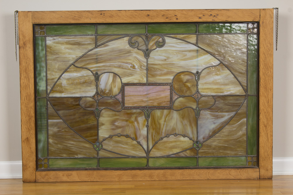 Antique Stained Slag Glass Window With Original Frame