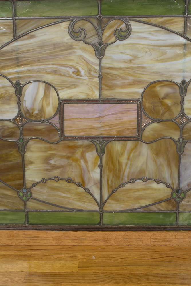 Antique Stained Slag Glass Window With Original Frame