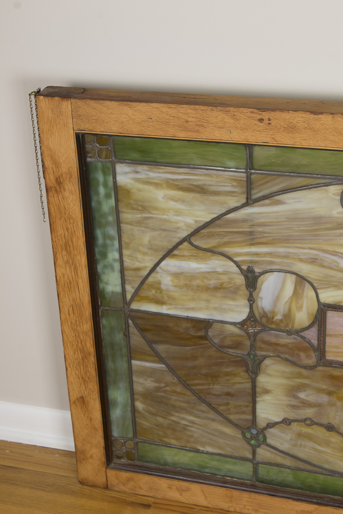 Antique Stained Slag Glass Window With Original Frame