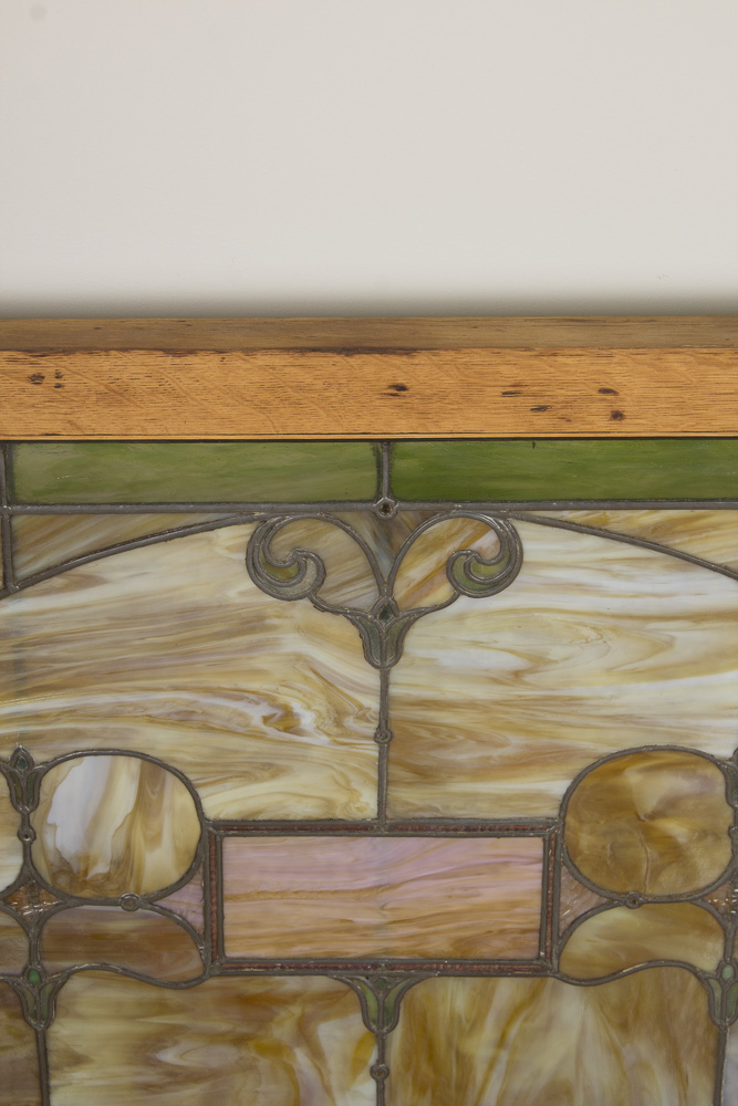 Antique Stained Slag Glass Window With Original Frame