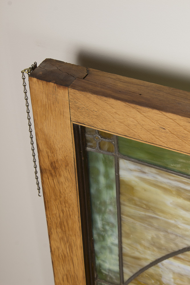 Antique Stained Slag Glass Window With Original Frame