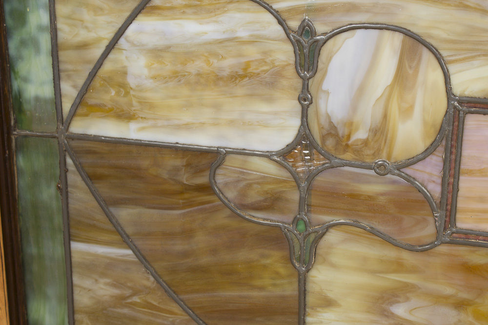 Antique Stained Slag Glass Window With Original Frame