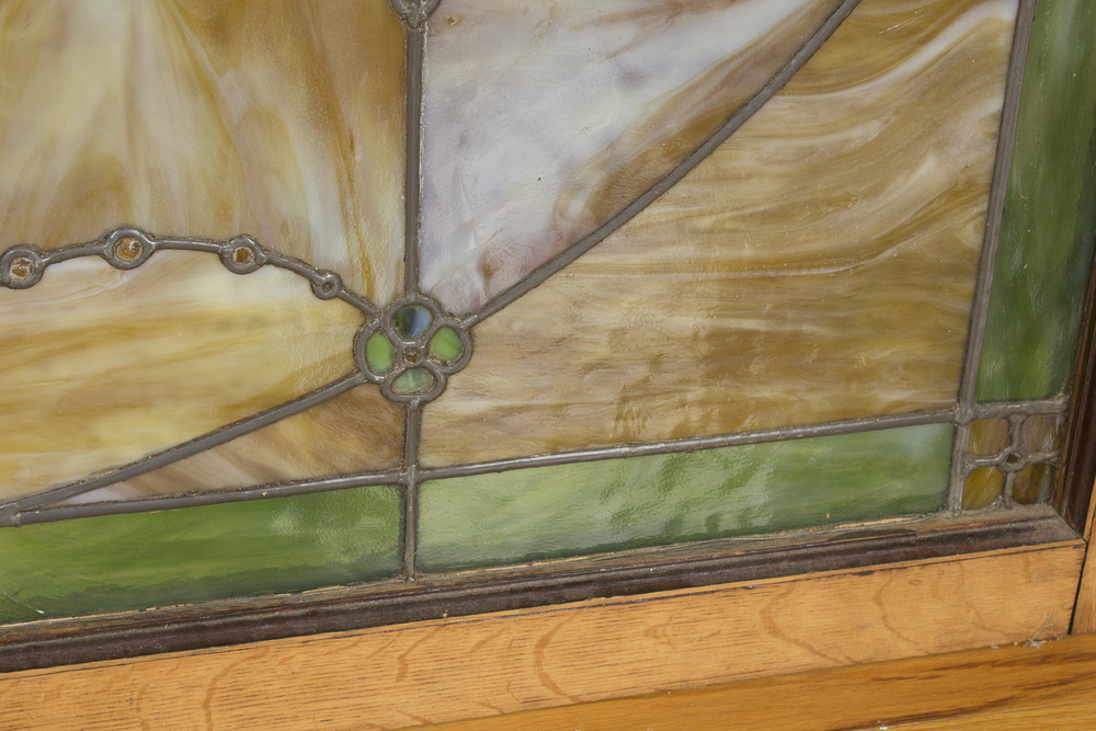 Antique Stained Slag Glass Window With Original Frame