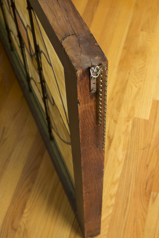 Antique Stained Slag Glass Window With Original Frame