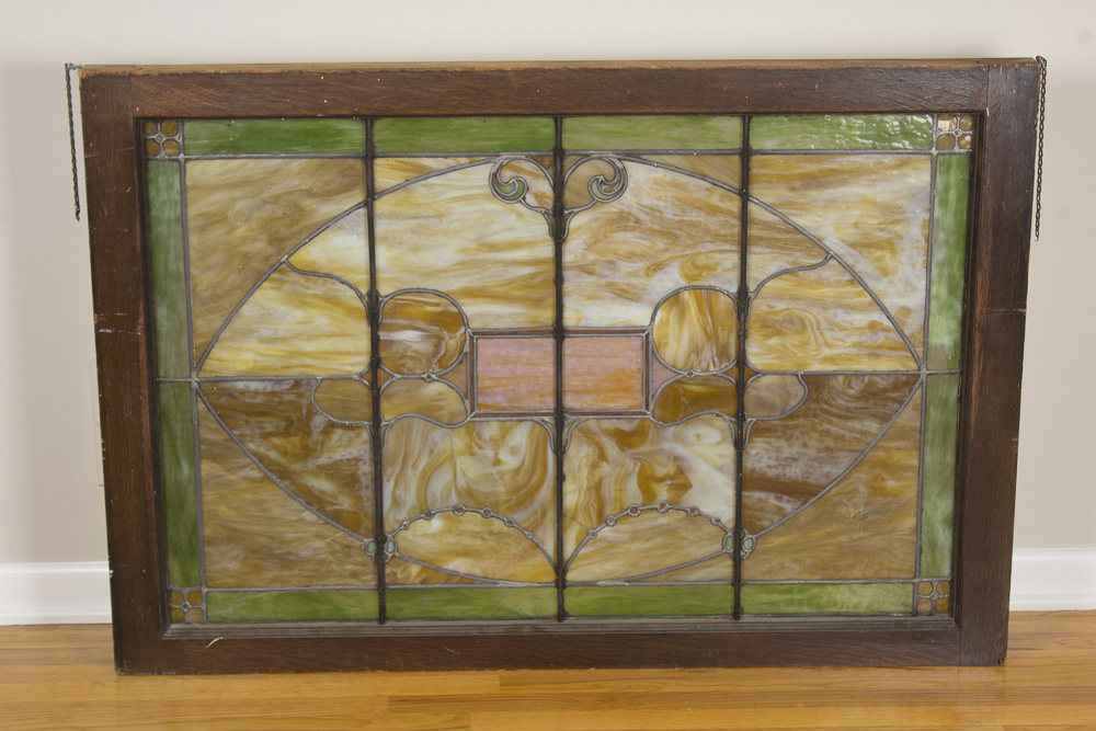 Antique Stained Slag Glass Window With Original Frame