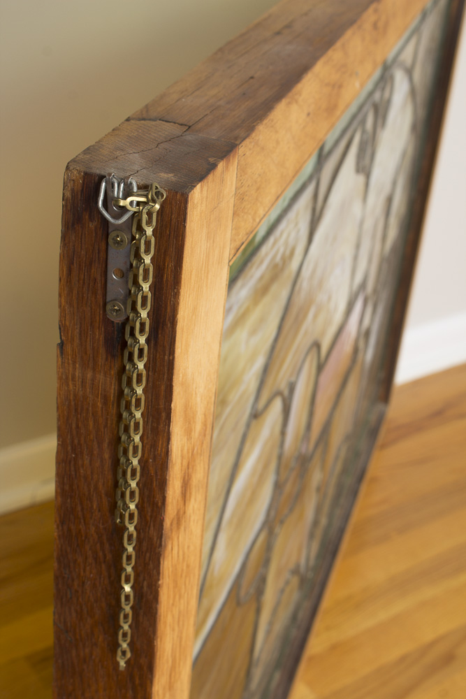 Antique Stained Slag Glass Window With Original Frame