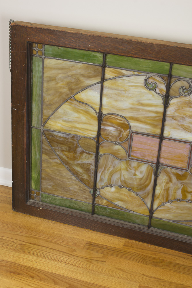 Antique Stained Slag Glass Window With Original Frame