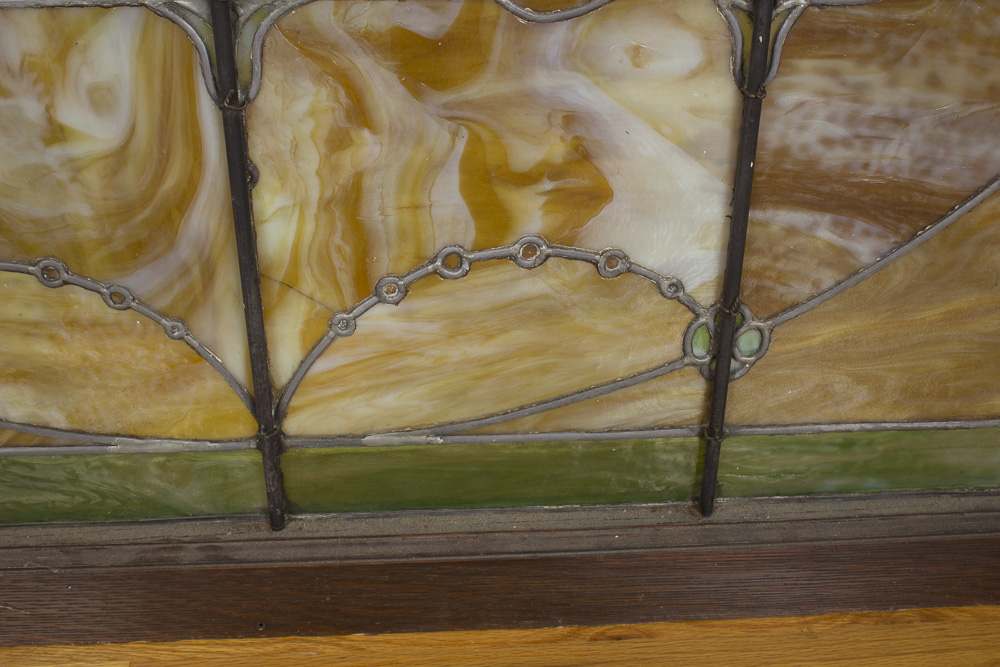 Antique Stained Slag Glass Window With Original Frame