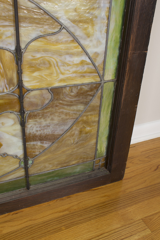 Antique Stained Slag Glass Window With Original Frame