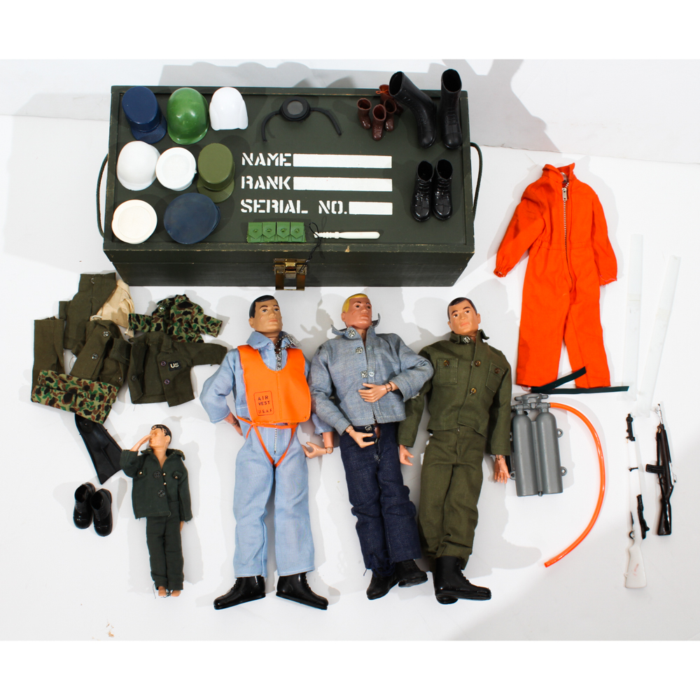 Vintage Mattel G.I.Joe Footlocker Storage Box, Dolls, and Accessories Collection