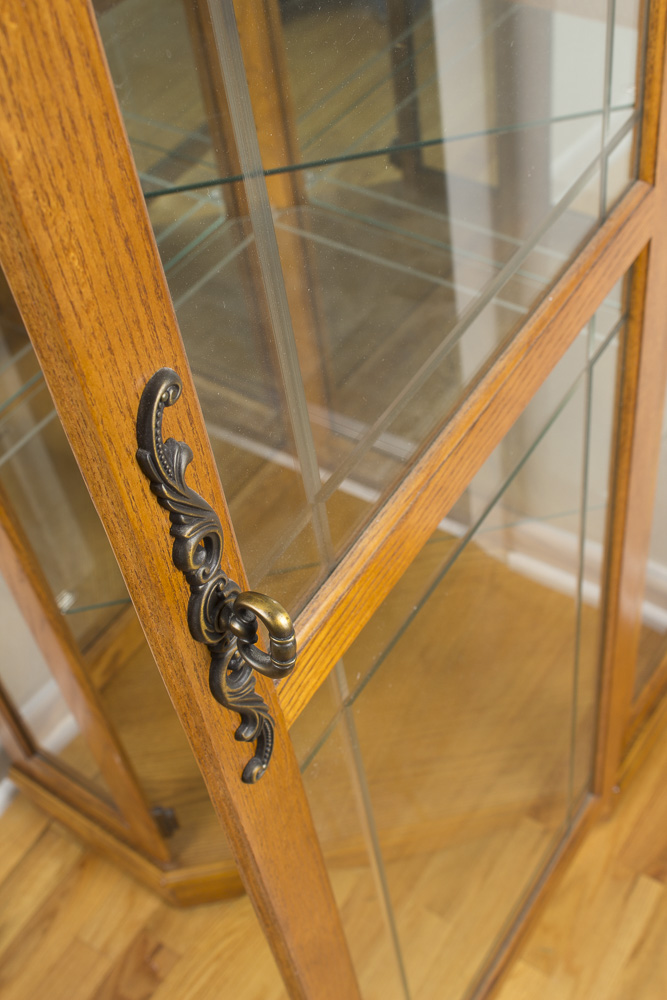 Illuminated Wooden Display Case with Glass Shelves