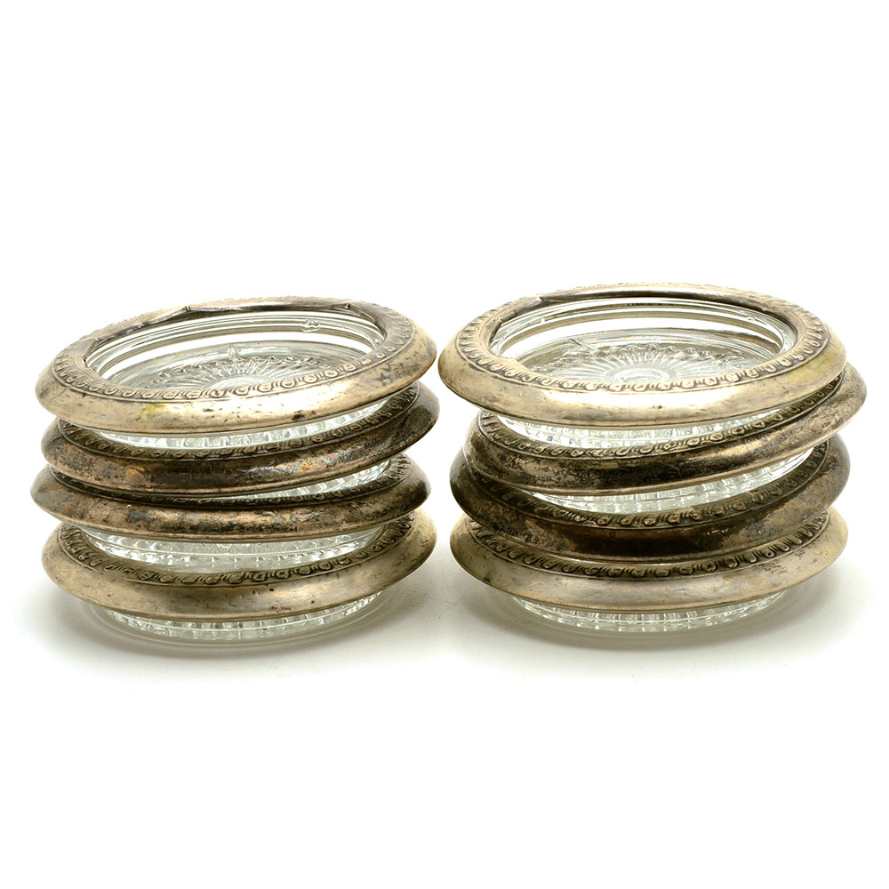 Eight Sterling and Glass Coasters